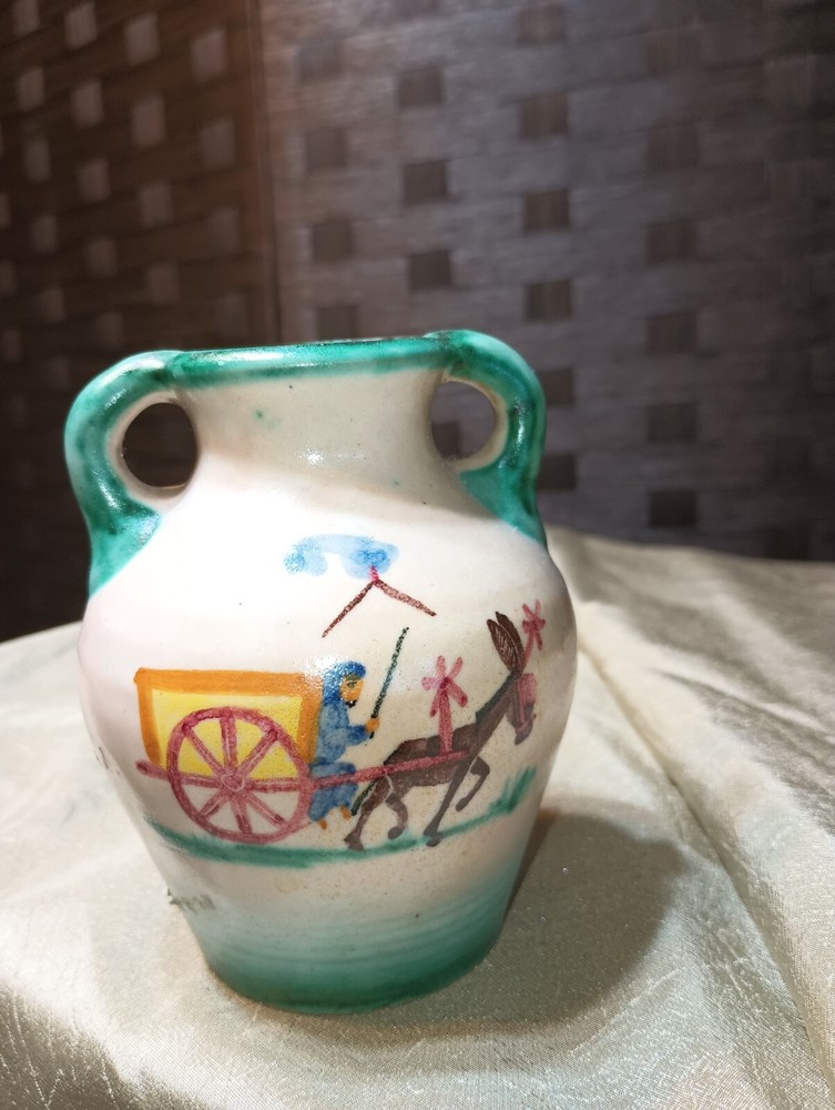 Vintage Ceramic Vase  w Double Handles  Hand Painted in Italy