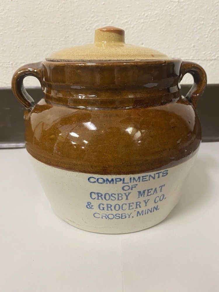 Stoneware  Advertising Bean Pot Meat & Grocery Co. Crosby Minn. Red Wing
