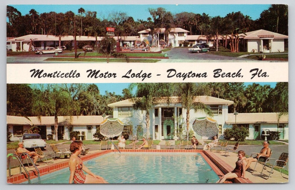 Monticello Motor Lodge Daytona Beach FL Vintage Chrome Postcard Pool Cars 1950s
