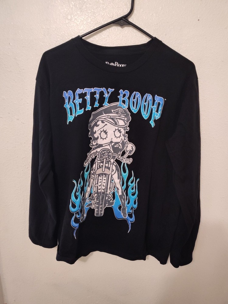 Betty Boop Biker T Shirt Size Medium Black w Blue Flames Graphic Long Sleeve Y2K