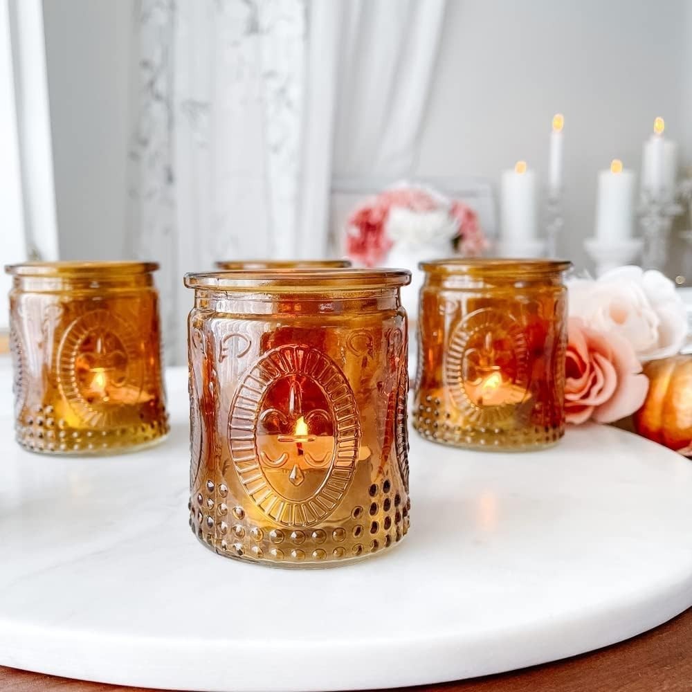 Kate Aspen Vintage Amber Glass Tea Light Candle Holders Set of 4 - Votive Holder