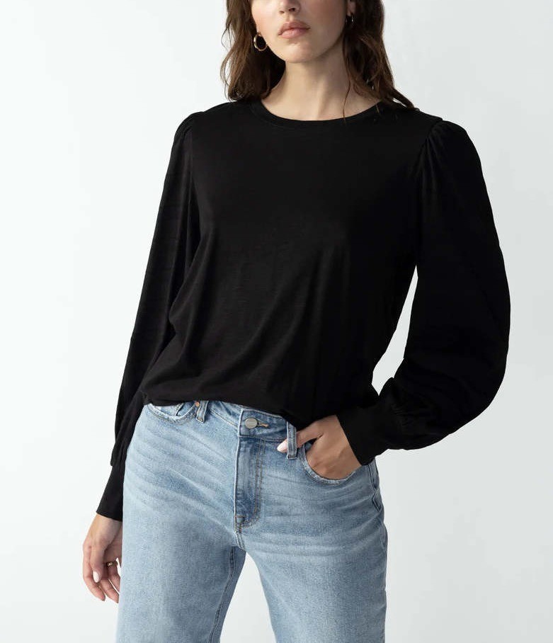 SANCTUARY Wonderland Mix Media Top Sz S Black Peasant Sleeve Cotton Rayon Blend