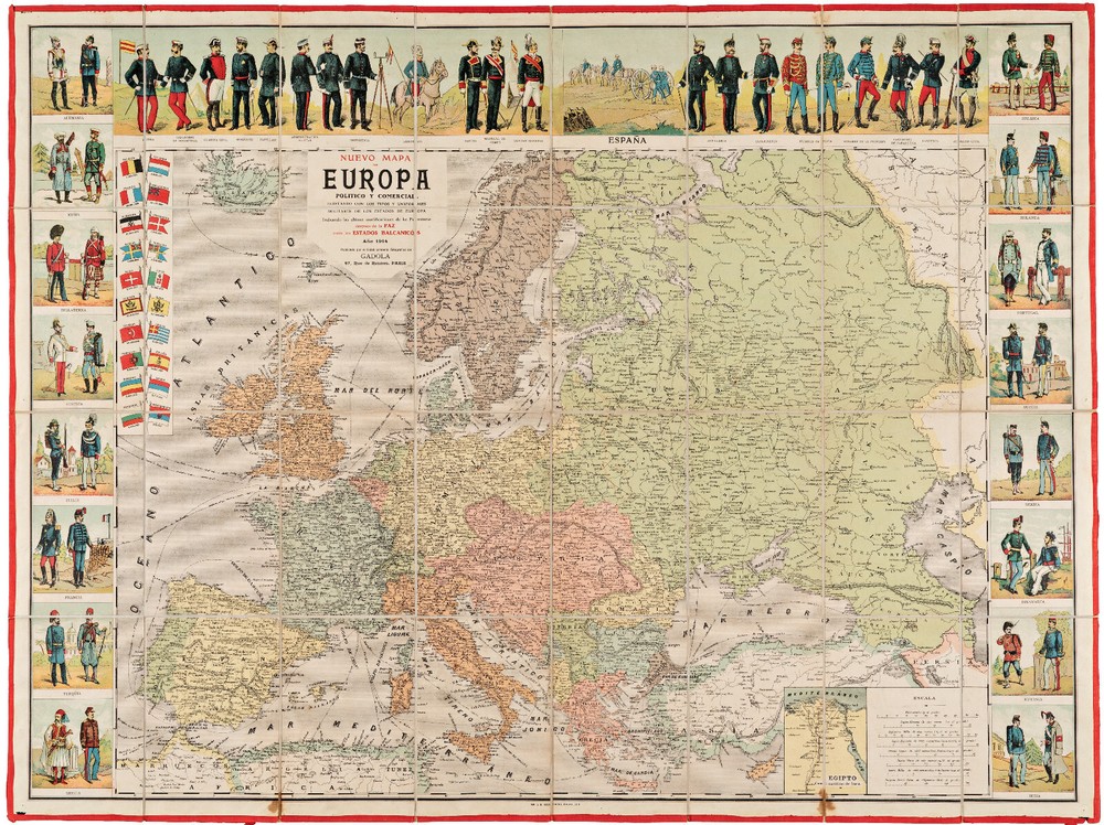 Nuevo Mapa de Europa Politico y Comercial Illustrado con los Tipos y Uniformes M