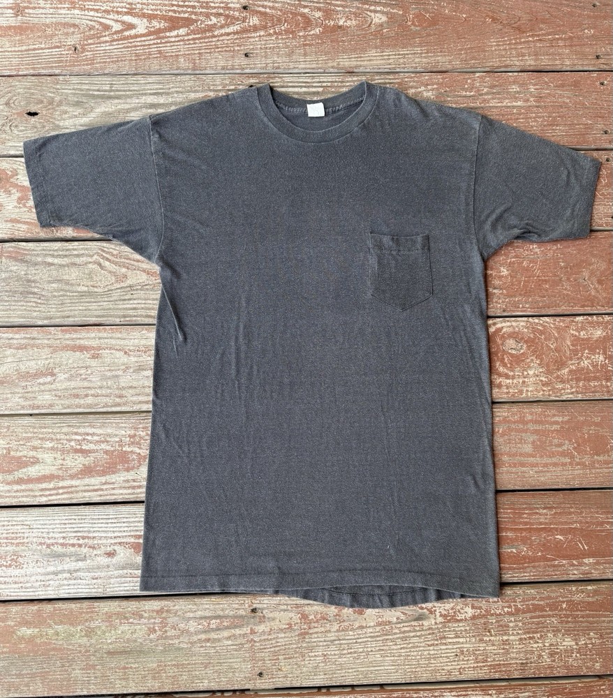 Vintage Blank T-Shirt Mens XL Grey Single Stitch Pocket Tee USA Made 80s
