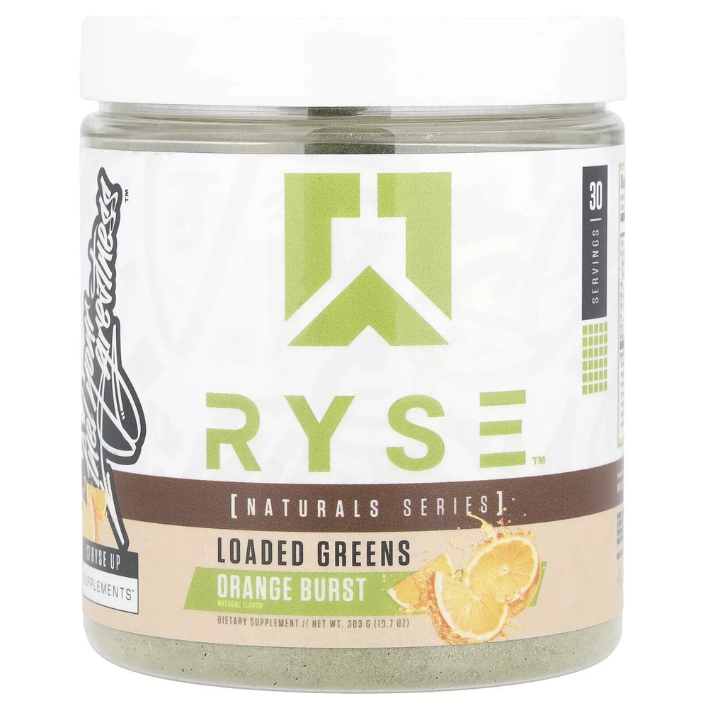 RYSE LOADED GREENS ORANGE BURST (10.7 OZ) 303G 30-SERVINGS SUPERFOOD EXP 10/2025