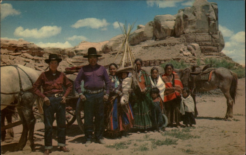 Navajo Reservation New Mexico Indian family horses wagon ethnic dress postcard