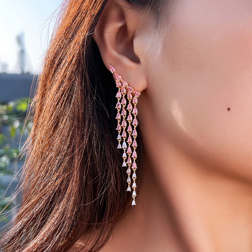 Gold Plated Pink Tassel Long Drop Earrings Women Cubic Zirconia Wedding Jewelry