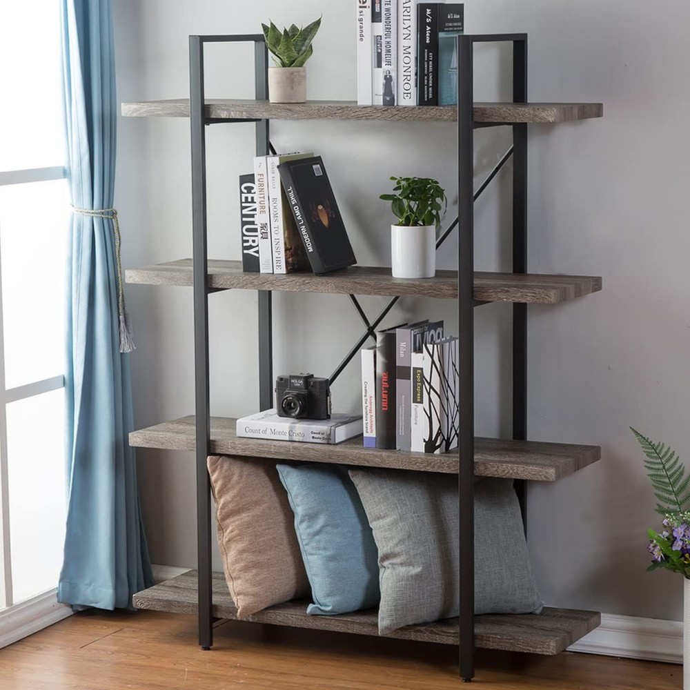 HSH 4-Shelf Vintage Industrial Bookshelf Rustic Wood Metal Bookcase Open Wide Of
