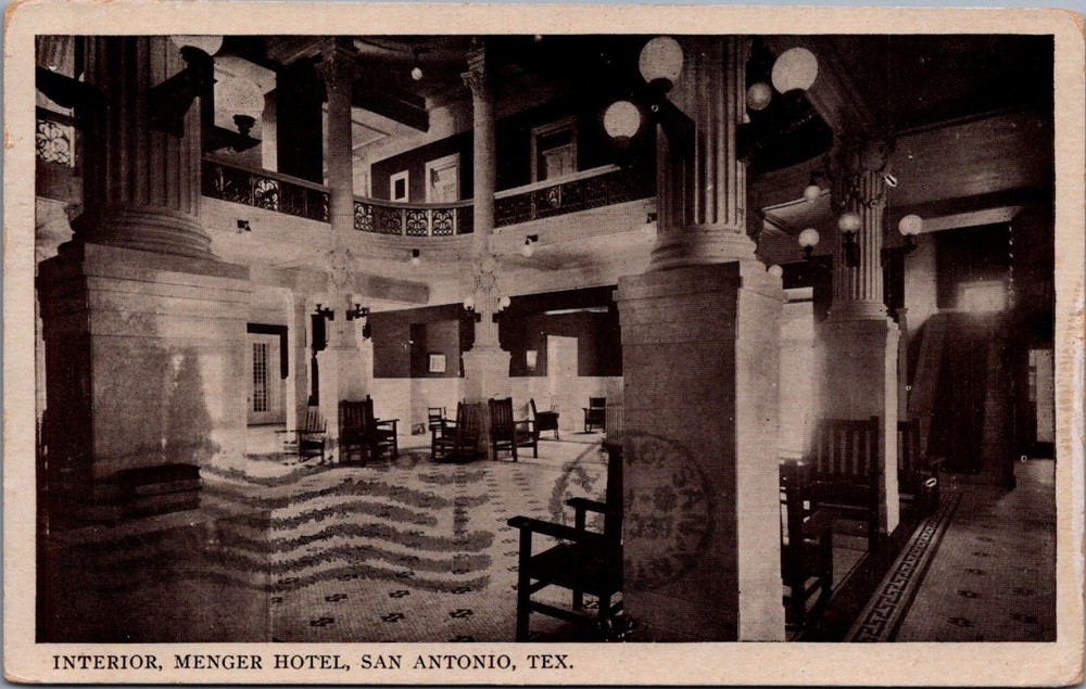 Menger Hotel San Antonio TX Interior Lobby Postcard 1917 Postmark