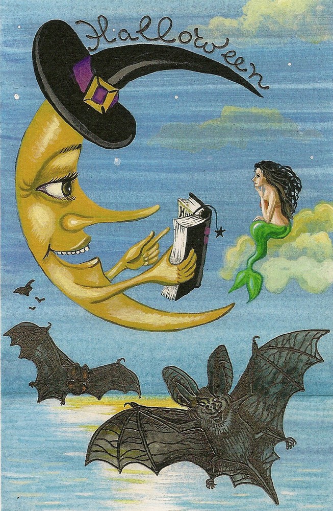 PRINT OF HALLOWEEN PAINTING 5.25 X 8.25 RYTA Folk Art Mermaid Witch Moon Bats 🦇
