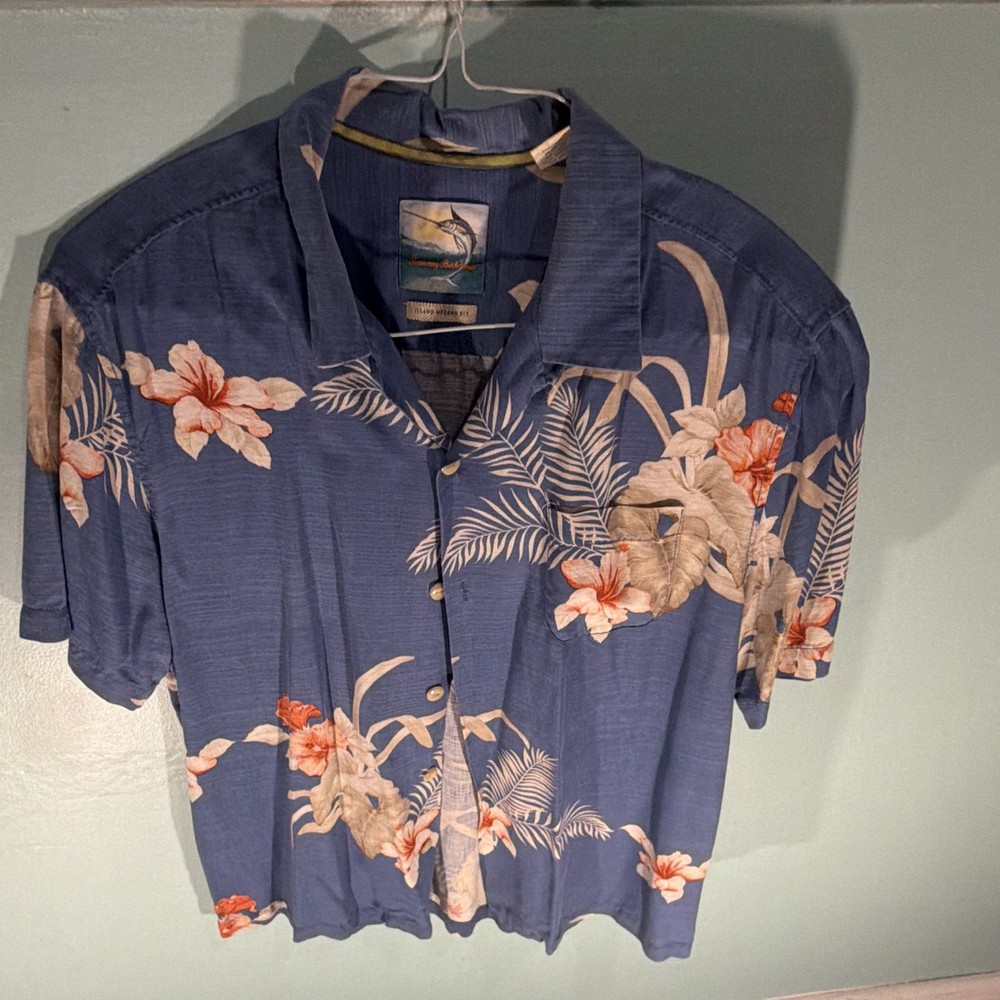 Tommy Bahama Men's L Blue Floral Silk Modern Fit Short Sleeve Button-Up Shirt