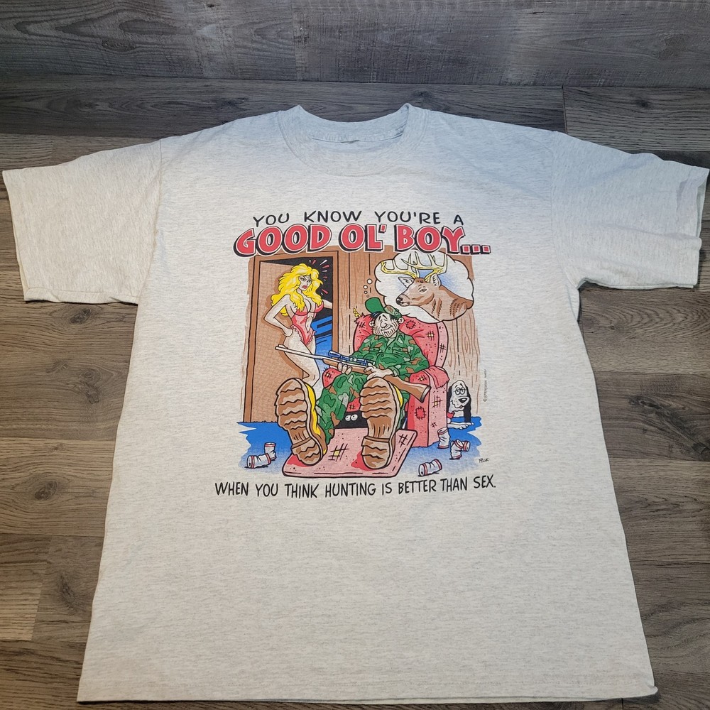Vintage 90s Funny Hunting Parody Deer Graphic T-Shirt Size Medium USA Grey