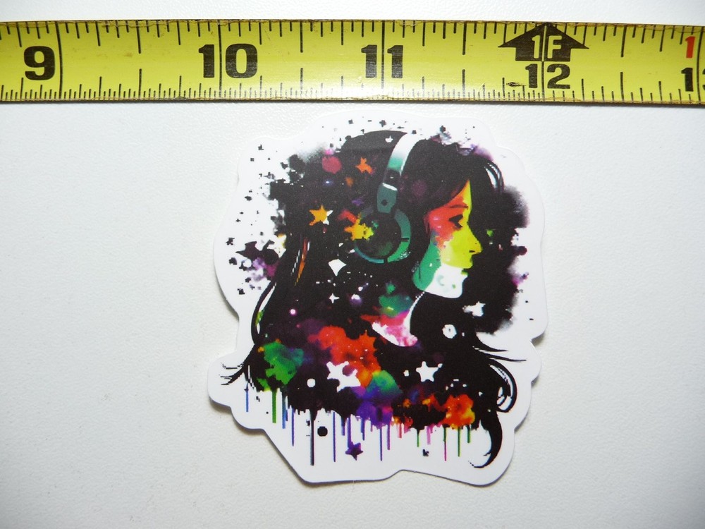 Colorful Girl Listening to Music Headphone Sticker Decal for Musicians