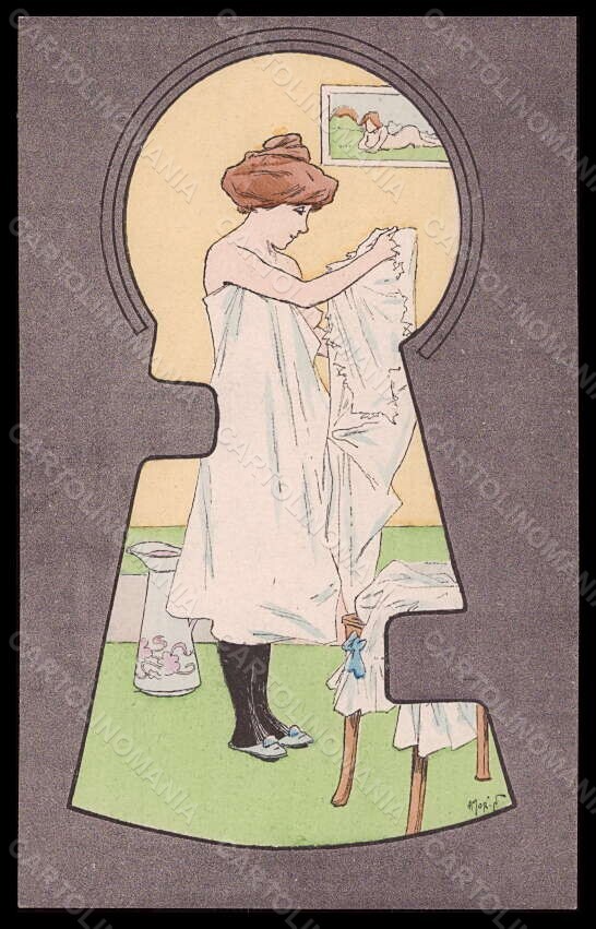 Artist Signed H. Morin Risque Lady Art Nouveau Keyhole postcard VK5960