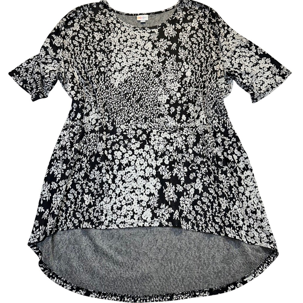 LuLaRoe Perfect T Tunic Top Womens XL Black White Floral High Low Shirt
