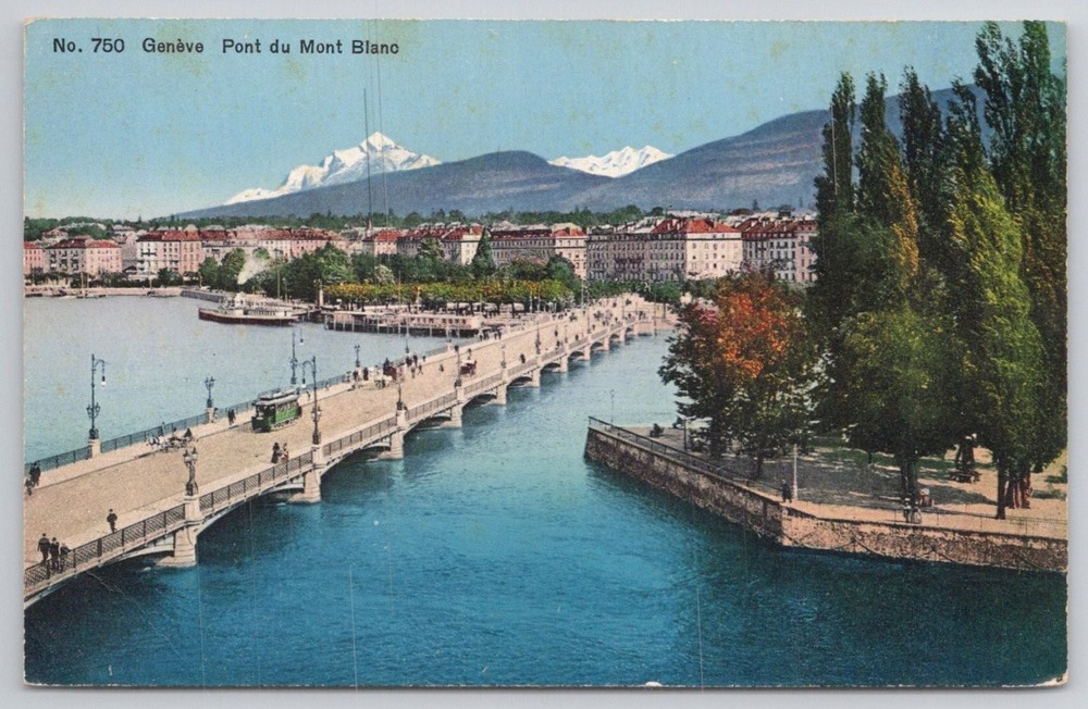Vintage Postcard Geneva Switzerland Pont du Mont Blanc Lake Alps Tram