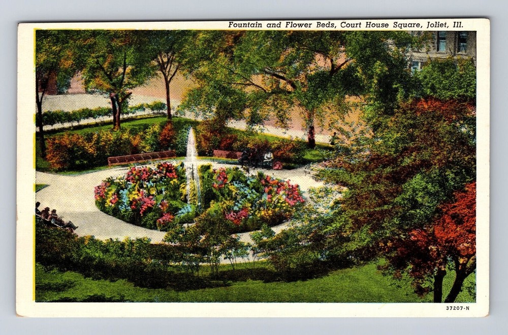 Joliet IL-Illinois, Court House Square Fountain & Flower Bed, Vintage Postcard