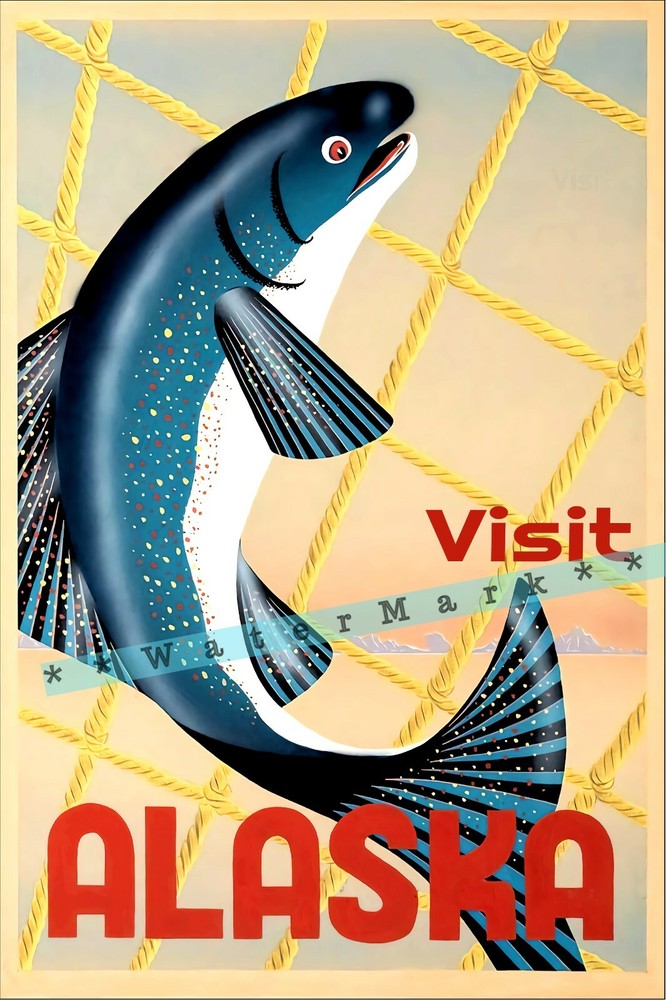 1960s Alaska Fishing Retro Travel Poster Art Vintage Advert Print