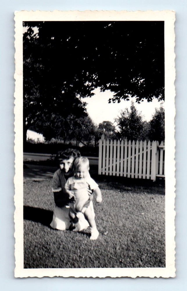 Old Vintage Photo WOMAN AND BOY IN YARD WHITE PICKET FENCE ANTIQUE SNAPSHOT