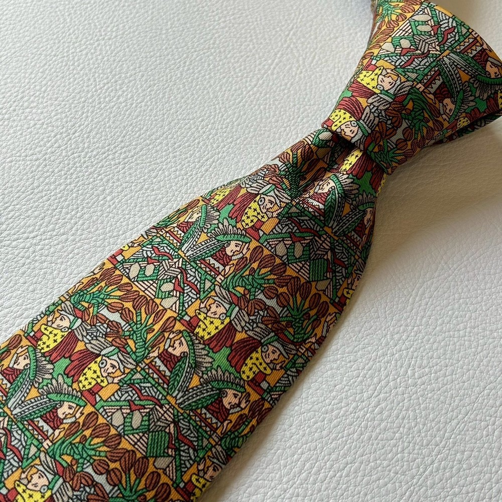 HERMES Paris Silk Tie Native Tribal Pattern Multicolor France From Japan