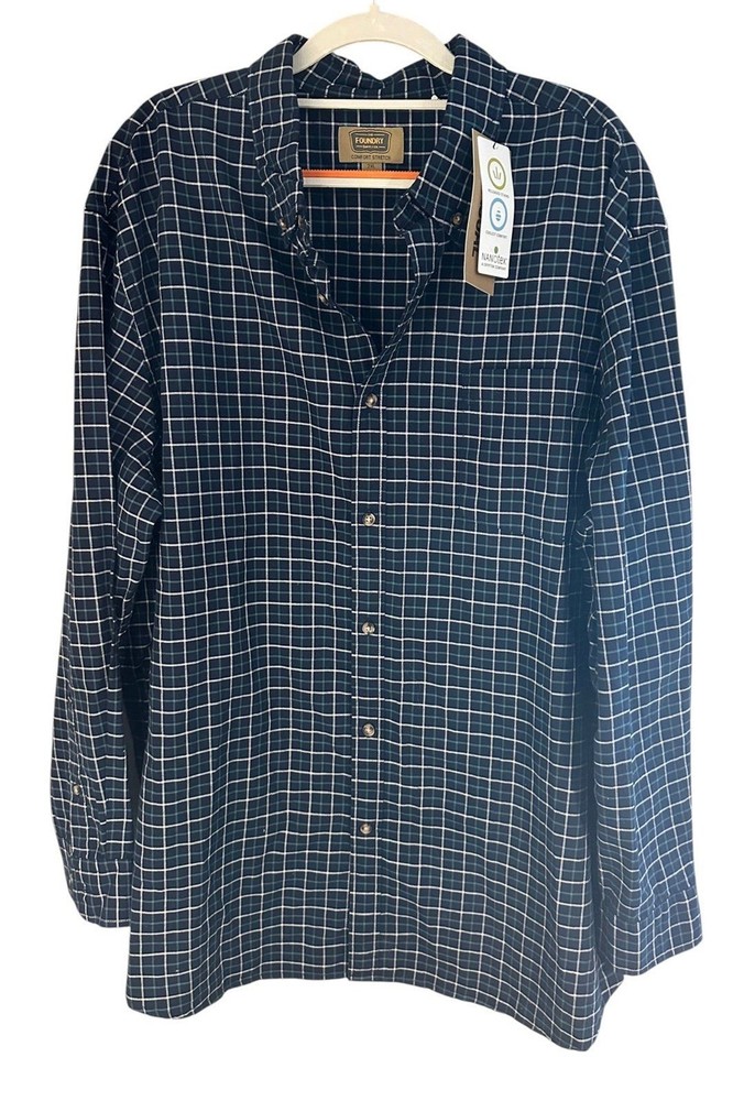 Foundry Men’s Comfort Stretch Long Sleeve Button Down Shirt Navy Plaid 2XL NWT