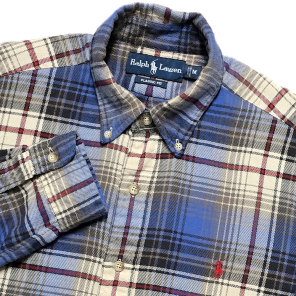 Vintage Polo Ralph Lauren Mens Shirt Blue Plaid Flannel Size M Classic Fit Pony