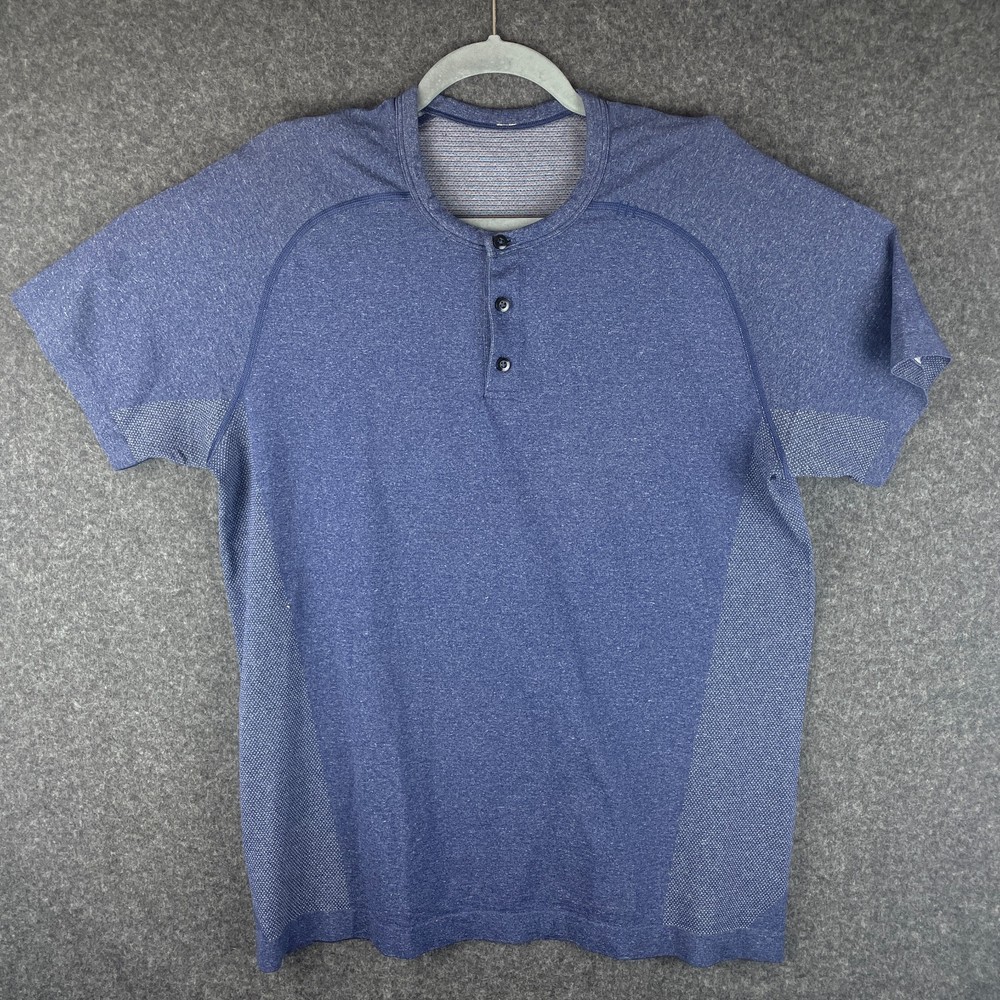Lululemon Metal Vent Tech Henley Shirt Mens Large Navy Blue Short Sleeve Workout