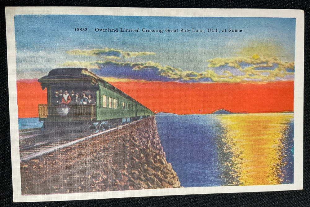 Vintage Postcard Overland Limited Crossing Great Salt Lake Utah Train Sunset