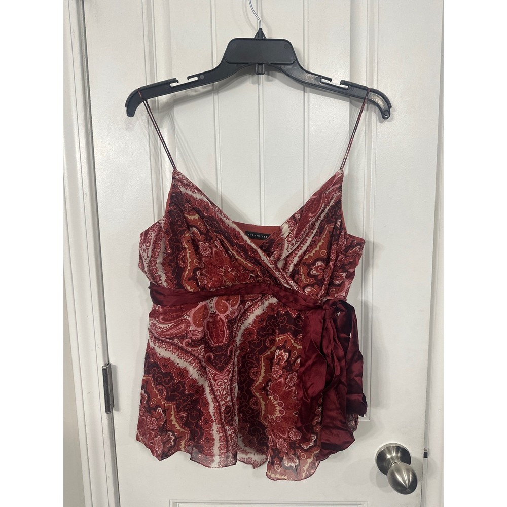 Y2K The Limited Silk Paisley Camisole Top Red Burgundy Wrap Tie Waist