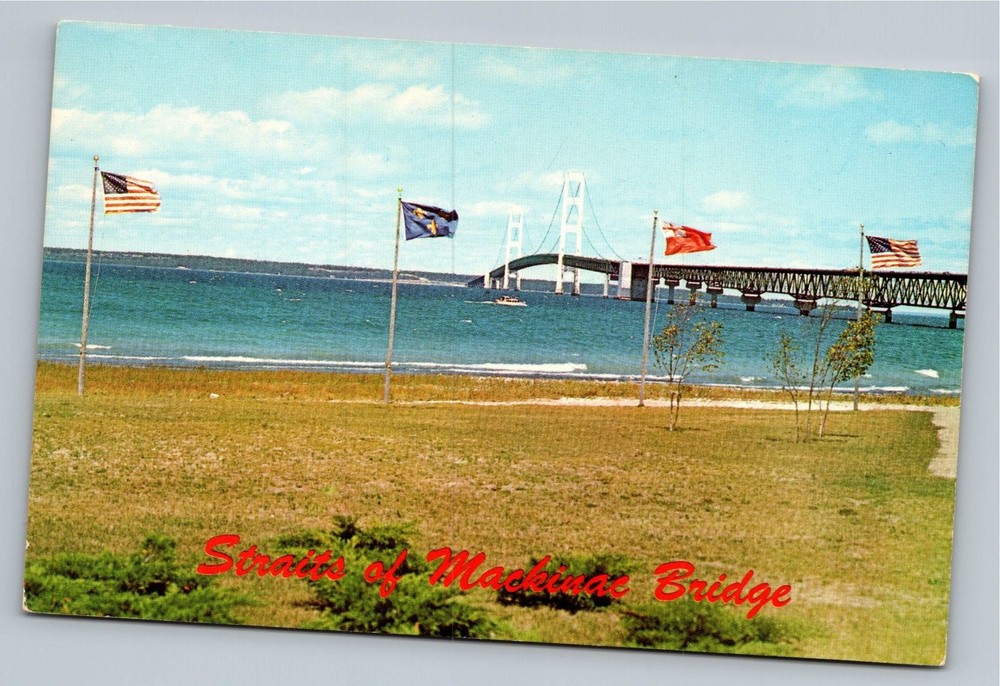 1964 Mackinac Bridge Michigan Straits US Flags Chrome Postcard L.L. Cook