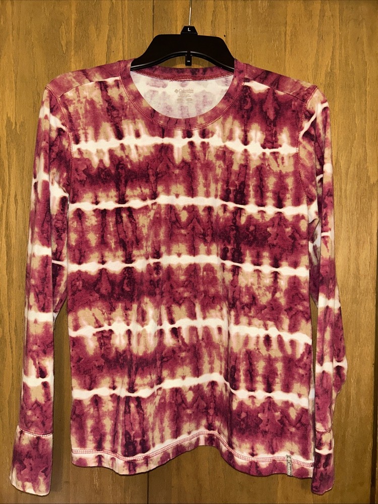 Columbia Womens Med Tie Dye Batik Print Shirt Burgundy 100% Cotton Hippie Boho
