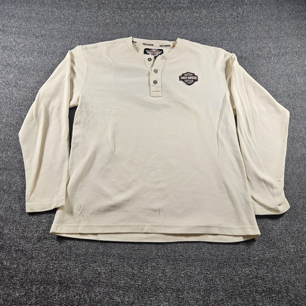 Harley-Davidson Shirt Mens Large White Thermal Henley Long Sleeve Biker Tee