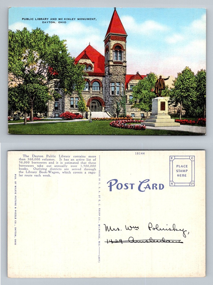 Dayton, OH-Ohio, Public Library McKinley Monument Building Vintage Postcard