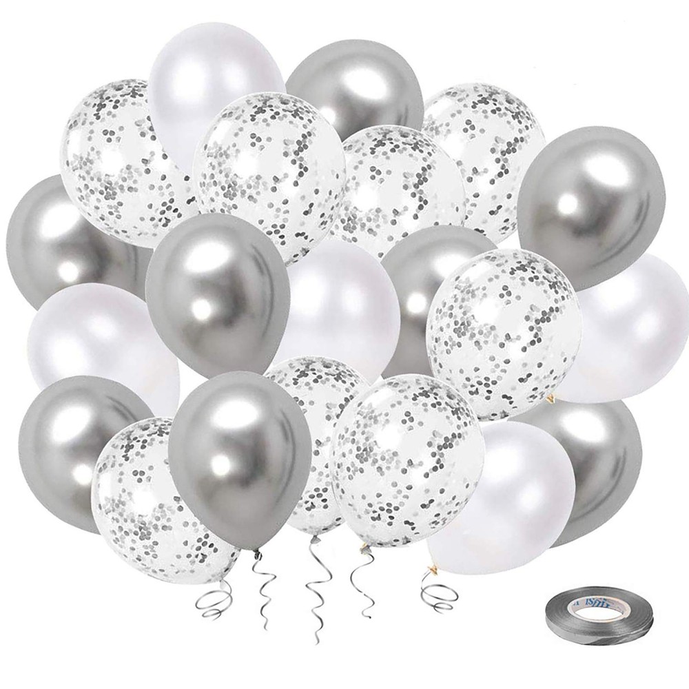 50 Pack White Silver Confetti Balloons 12 Inch Metallic Party Decor Ribbo