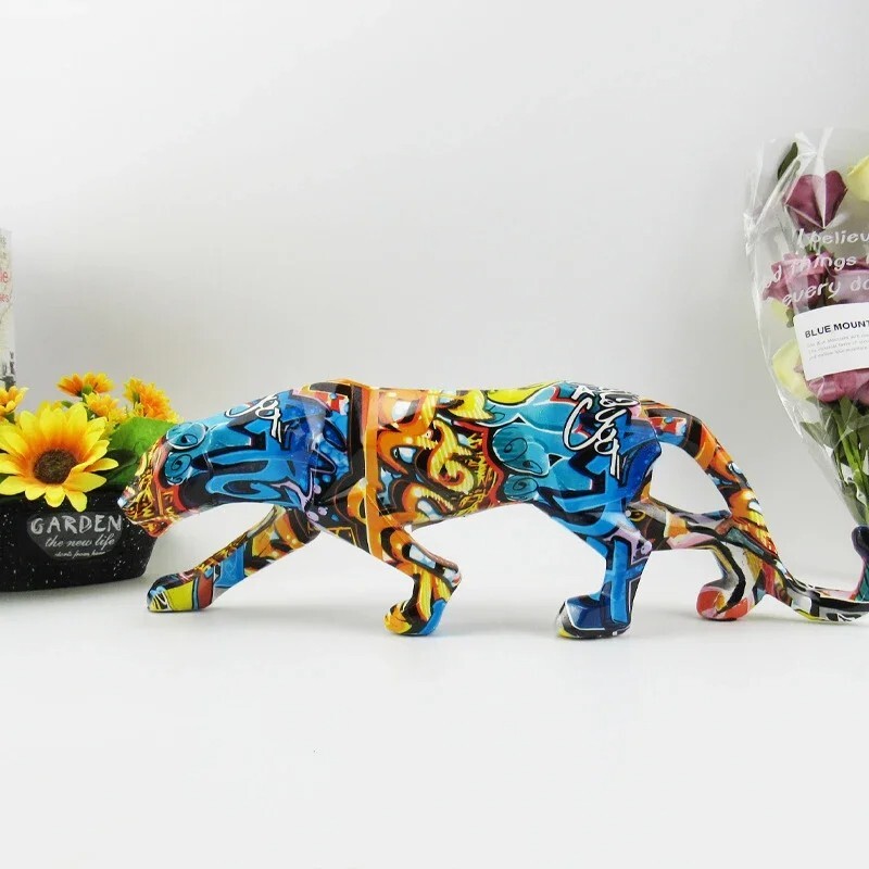 Graffiti Panther Statue Animal Figurine Abstract Geometric Style Resin Leopard-image