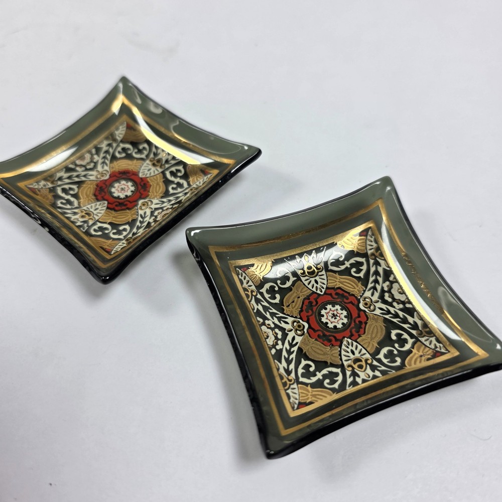 Vintage Trinket Dish Glass Gold Paint Petite Trays Pair Mid Century Salt Dish