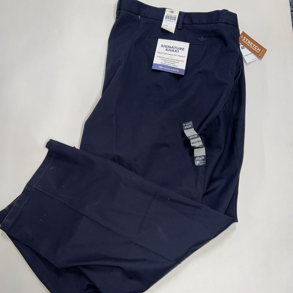 Dockers Signature Khaki Stretch Classic Fit Pleated Pants Sz 60 X 30 Blue NEW