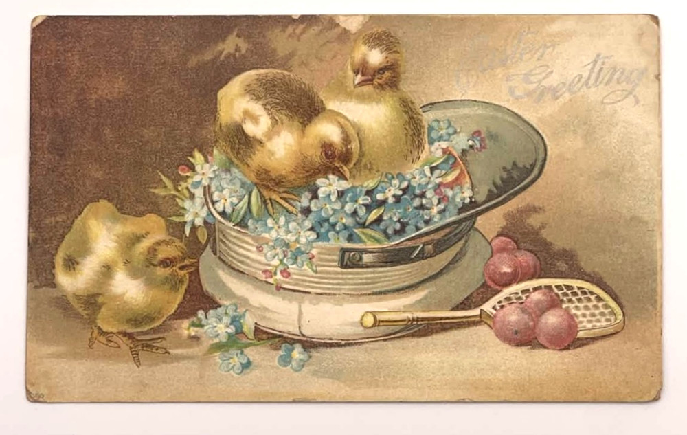 Easter Chicks Top Hat Egg Flowers Gold Highlight Postcard