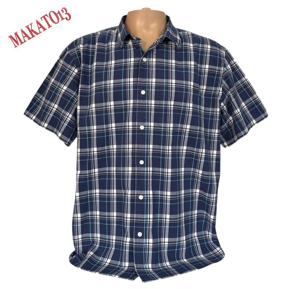 Old Navy Mens XXL Classic Shirt Blue White Plaid Button Up Slim Fit Short Sleeve