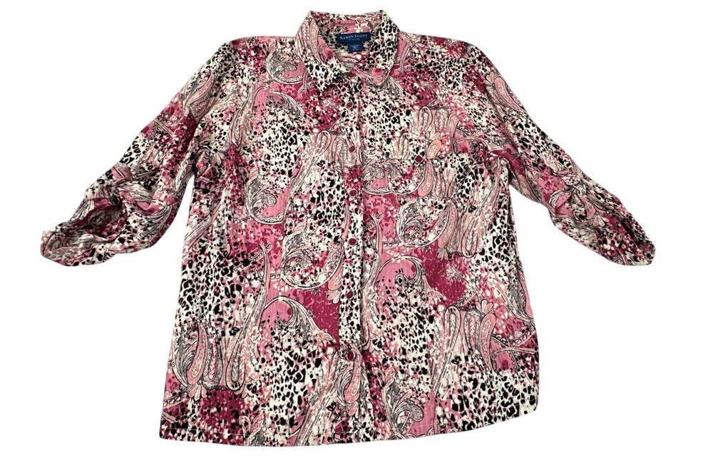 Karen Scott Women's Pink Roll Tab Sleeve Leopard Print Button Up Blouse Size XLP