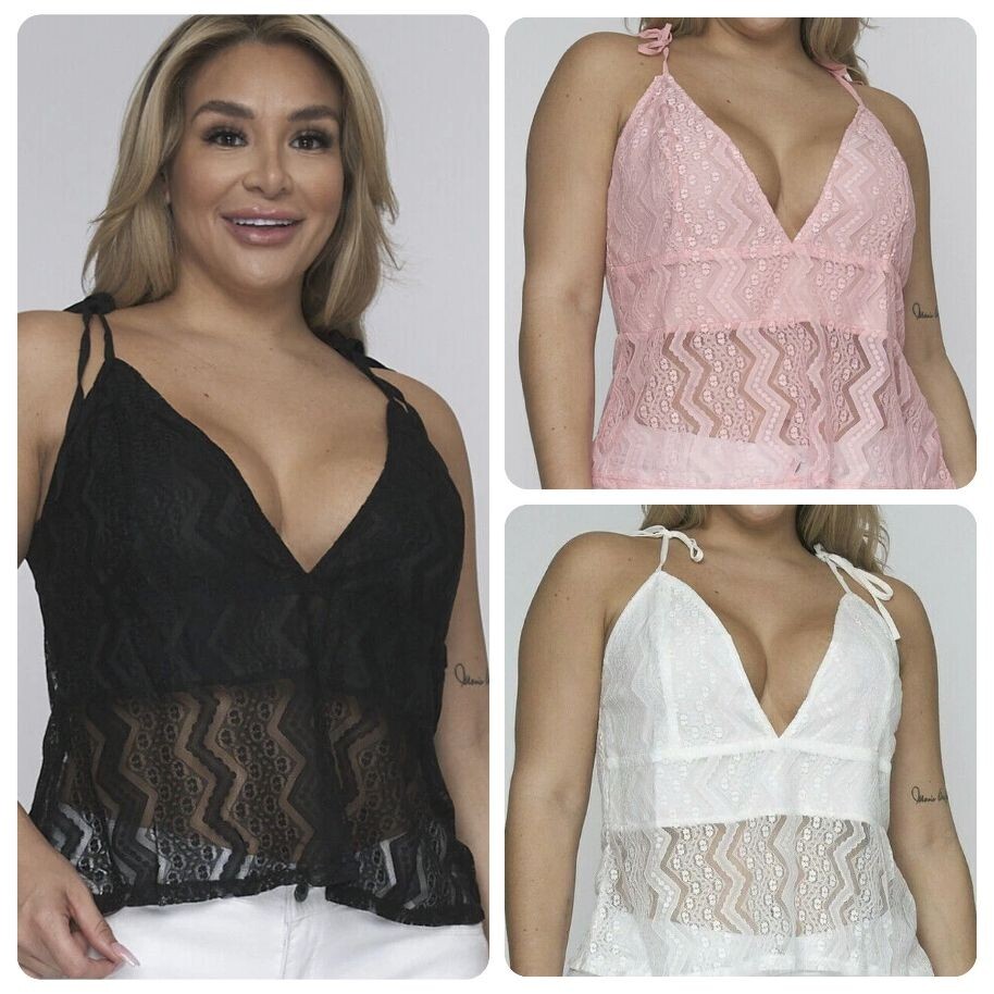 Lot of 3 Black Pink White LACE Tank Tops SIZE 1XL Womens Plus V NECK Tie Straps