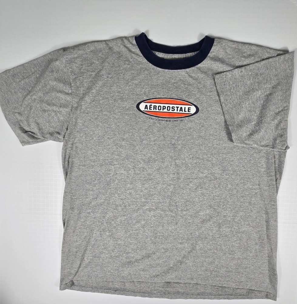 Vintage Y2K Aeropostale A87 Graphic Ringer T Shirt Men’s XL Gray Logo Tee 2000s