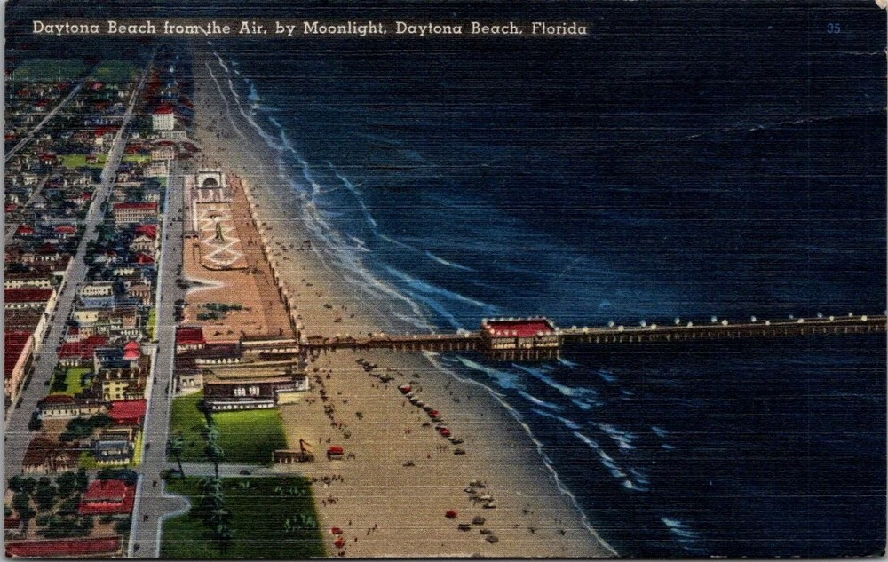Daytona Beach FL Aerial Moonlight View 1947 Postmarked Linen Postcard