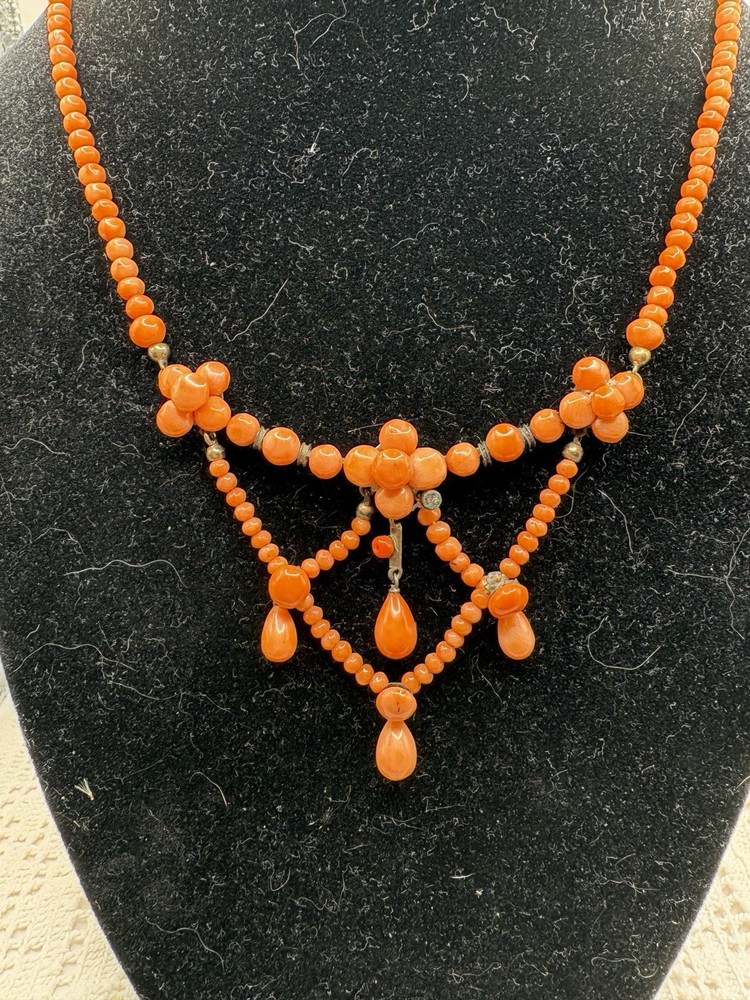 Antique Sterling  Natural Mediterranean Salmon Coral Festoon Dangle Necklace 16”
