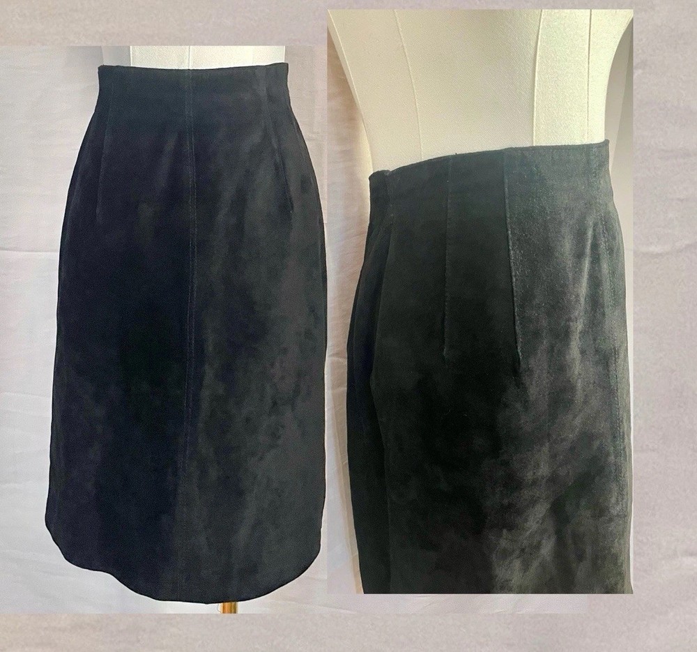 Vintage Leather Suede Skirt Evan Davies 90s Double Seam Pleat Size 8 High Waist