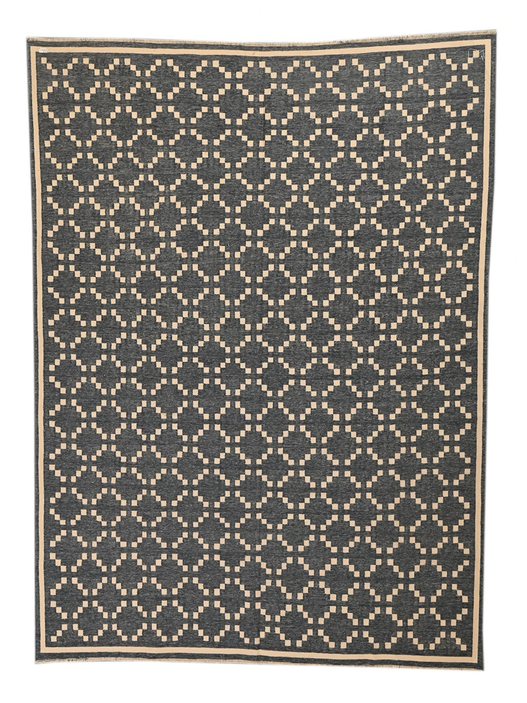 Hand Knotted Cotton Dhurrie Rug Color Black, Beige Handmade Design Carpet Rug