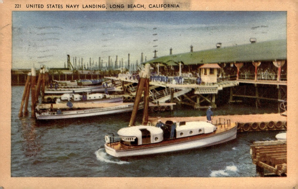 1946 US Navy Landing Long Beach California Linen Postcard Military Fleet Harbor