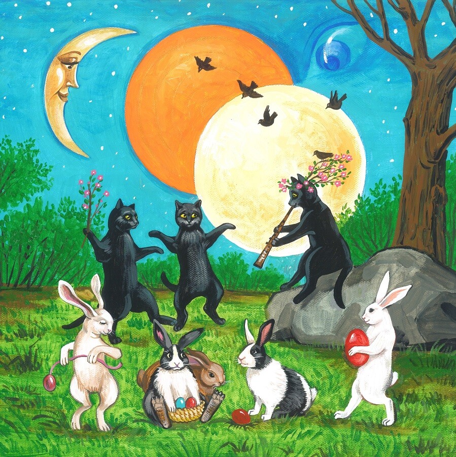4x4 print of painting RYTA Ostara Easter Black Cat Rabbit Bunny Pagan Folk Art