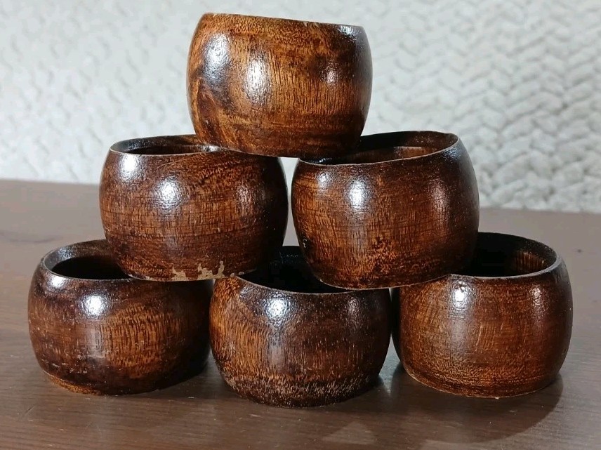 6 Vintage Wooden Boho Cottage Core Napkin Rings Holders Rounded Bulging Wood