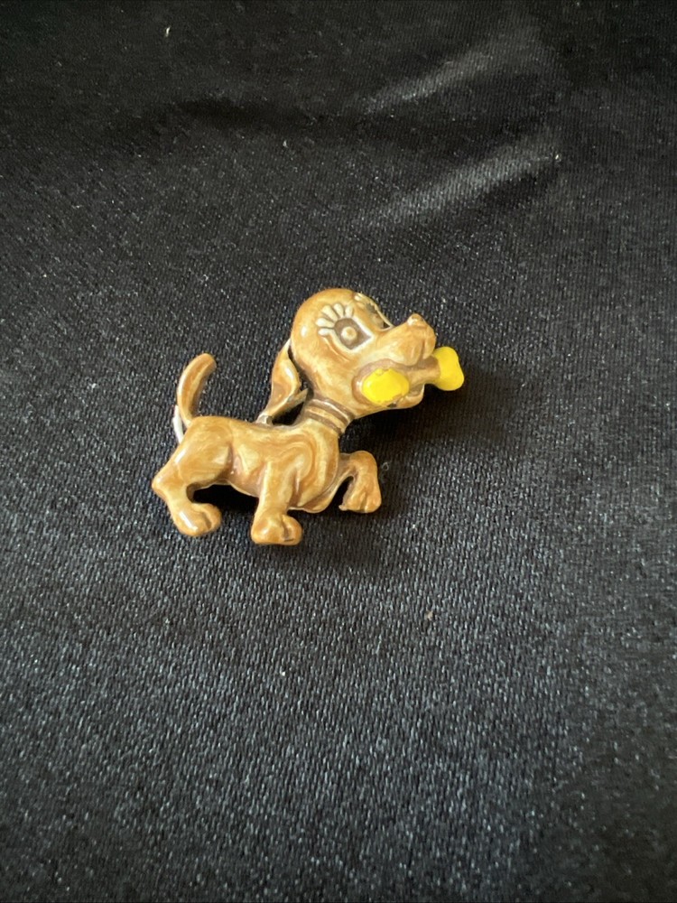 Vintage Metal Brown Dog with Bone Pin Brooch